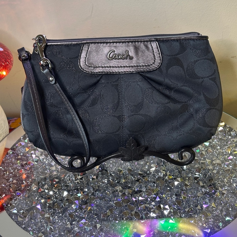 EUC - Coach Signature C-Design Jacquard Fabric Black Wristlet.